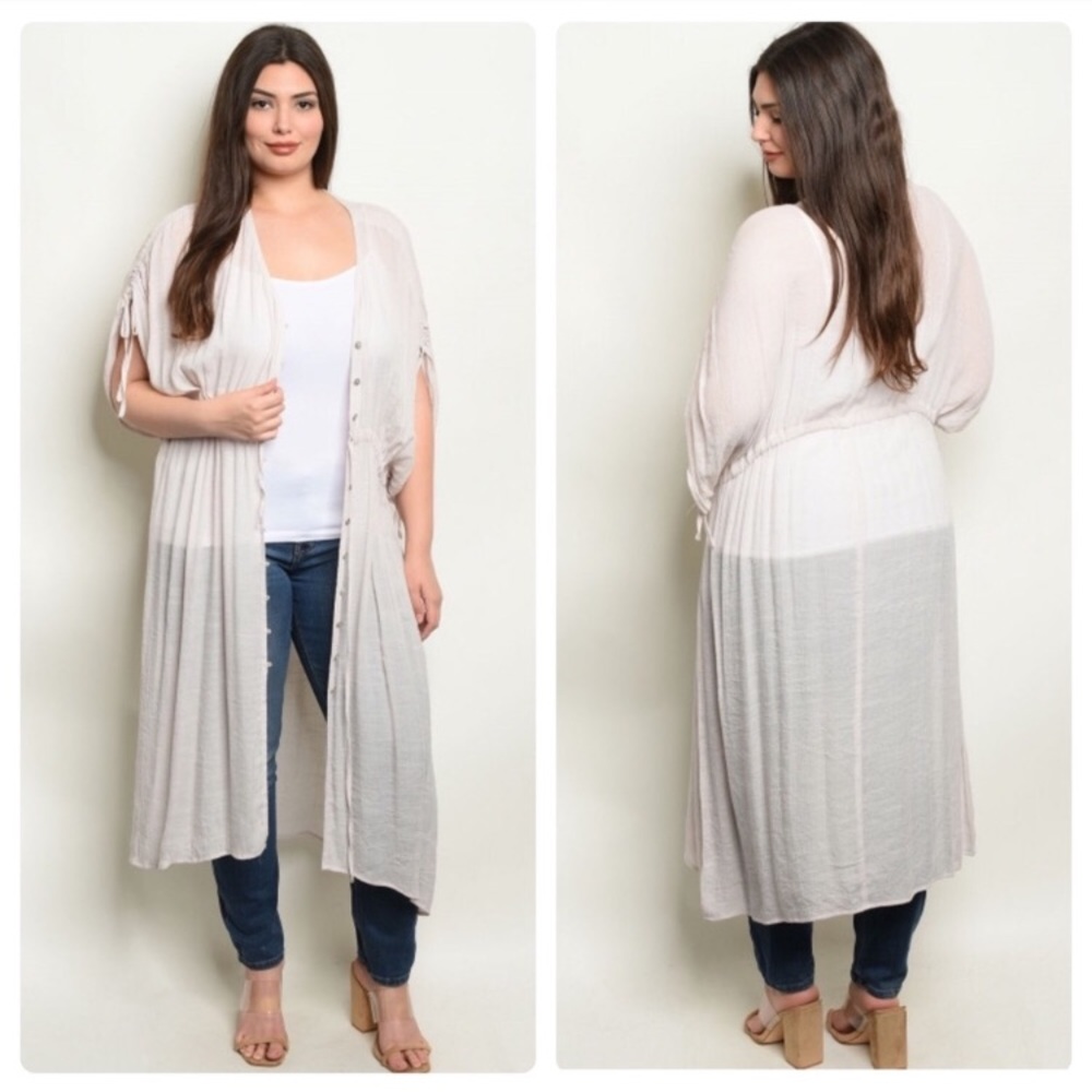 NWT! Taupe PLUS Size Button-Up/ Tie-Waist Kimono